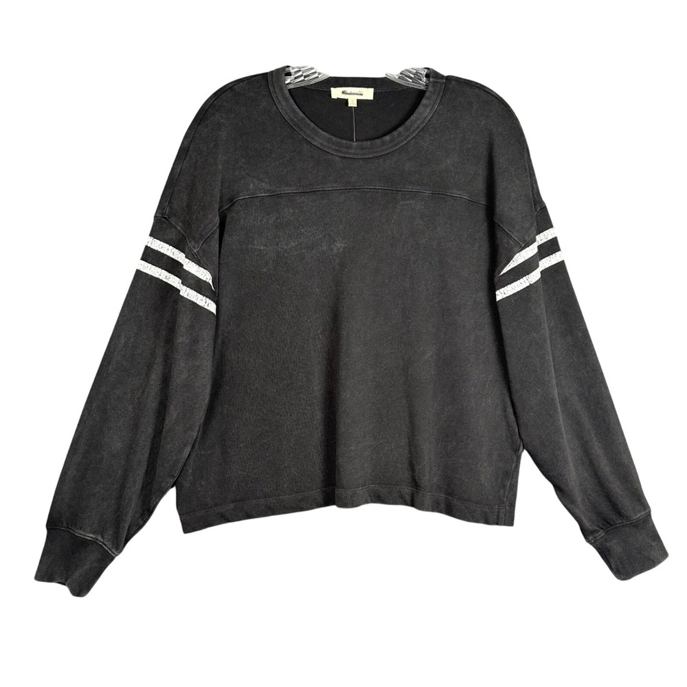 Madewell Women Relaxed Crewneck Shirt L Black NEW Cotton Preppy Varsity Stripe - Picture 2 of 6
